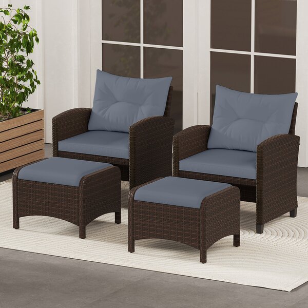 Costway Set di 2 poggiapiedi da giardino in PE rattan con cuscino rimovibile, Pouf da esterno ottomano multiuso Grigio