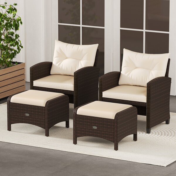 Costway Set di 2 poggiapiedi da giardino in PE rattan con cuscino rimovibile, Pouf da esterno ottomano multiuso Beige