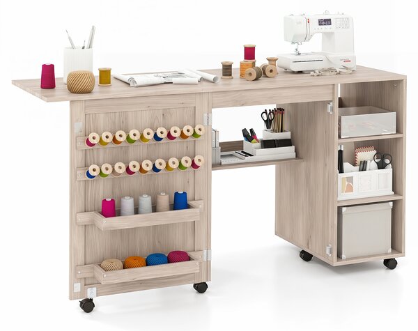 Costway Tavolo da cucito pieghevole con ripiani per cucito 18 ganci e contenitori nascosti, Stazione di lavoro portatile Naturale
