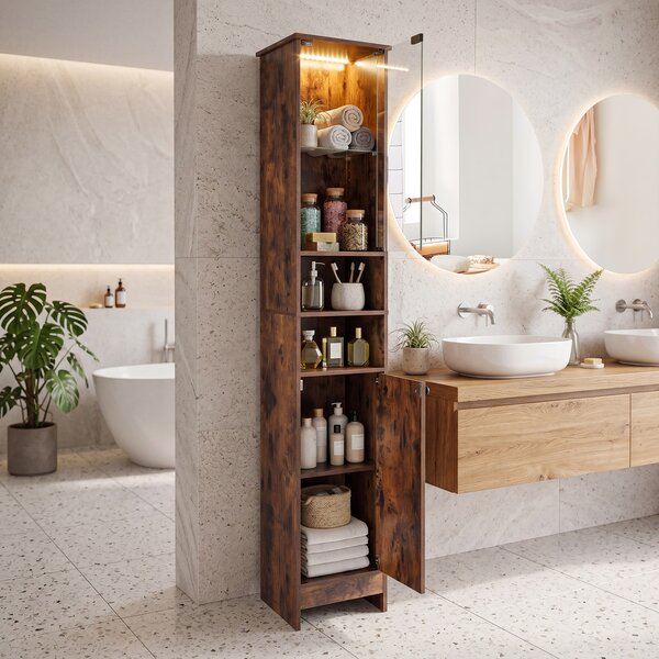 Costway Mobile alto da bagno con luci LED e telecomando, Mobiletto a colonna stretto con ante in vetro e mensole regolabili Marrone