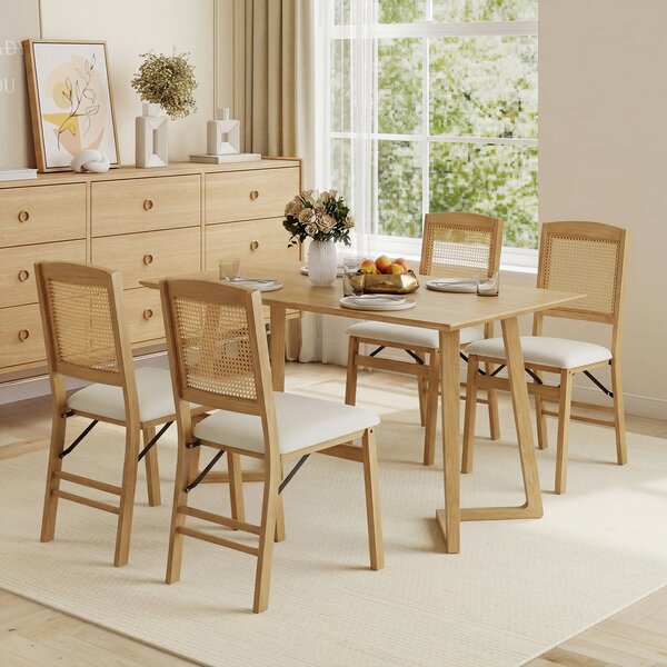 Costway Sedia da pranzo pieghevole con schienale in rattan traspirante e comoda seduta imbottita, Sedia da cucina senza braccioli Naturale