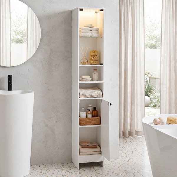 Costway Mobile alto da bagno con luci LED e telecomando, Mobiletto a colonna stretto con ante in vetro e mensole regolabili Bianco