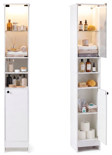 Costway Mobile alto da bagno con luci LED e telecomando, Mobiletto a colonna stretto con ante in vetro e mensole regolabili Bianco
