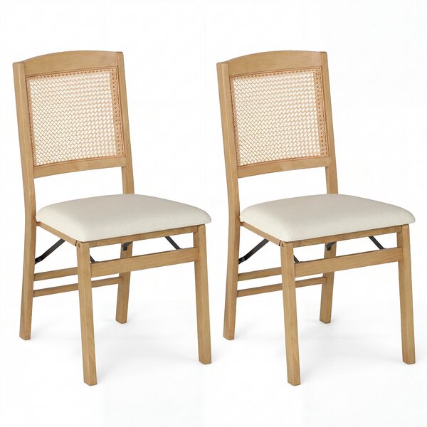 Costway Sedia da pranzo pieghevole con schienale in rattan traspirante e comoda seduta imbottita, Sedia da cucina senza braccioli Naturale