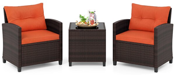 Costway Set di 3 mobili da patio con 4 cuscini rimovibili, Set di 2 sedie e 1 tavolino in rattan con piano in vetro Arancione