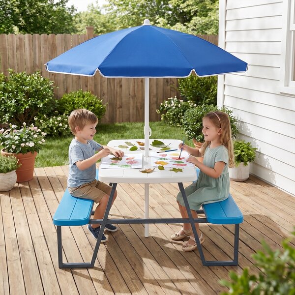 Costway Tavolo da picnic per bambini con ombrellone regolabile in altezza, Set tavolo e panche da giardino struttura in metallo e borsa Blu
