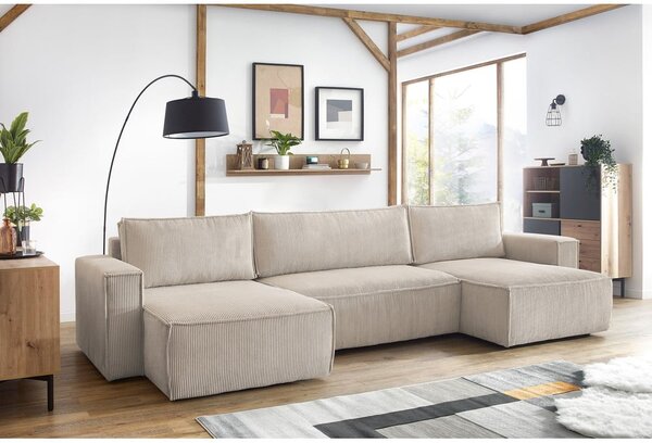 Divano letto angolare a "U" in velluto a coste beige Nihad - Bobochic Paris