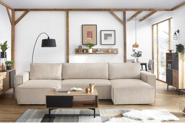 Divano letto angolare a "U" in velluto a coste beige Nihad - Bobochic Paris