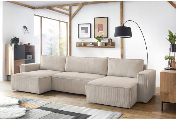 Divano letto angolare a "U" in velluto a coste beige Nihad - Bobochic Paris