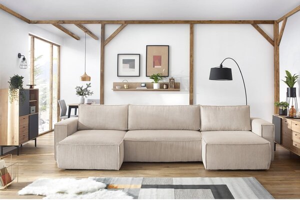 Divano letto angolare a "U" in velluto a coste beige Nihad - Bobochic Paris
