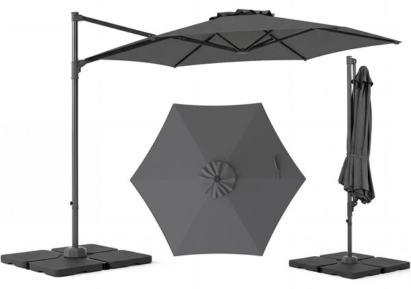Costway Ombrellone da giardino 300 cm con manovella base a croce e sacco di sabbi, Ombrellone decentrato da esterno rotazione a 360° Grigio