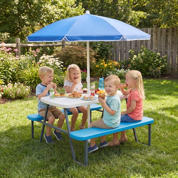 Costway Tavolo da picnic per bambini con ombrellone regolabile in altezza, Set tavolo e panche da giardino struttura in metallo e borsa Blu