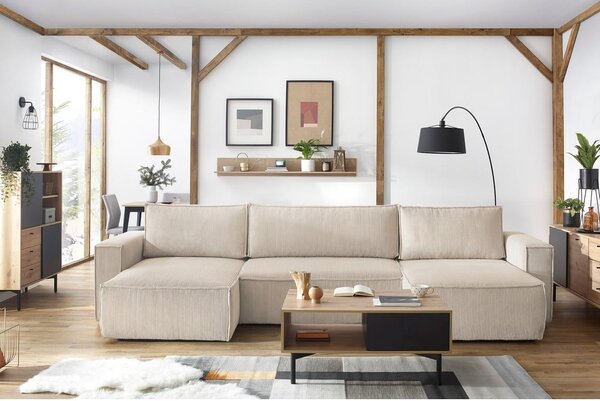 Divano letto angolare a "U" in velluto a coste beige Nihad - Bobochic Paris