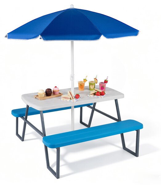 Costway Tavolo da picnic per bambini con ombrellone regolabile in altezza, Set tavolo e panche da giardino struttura in metallo e borsa Blu