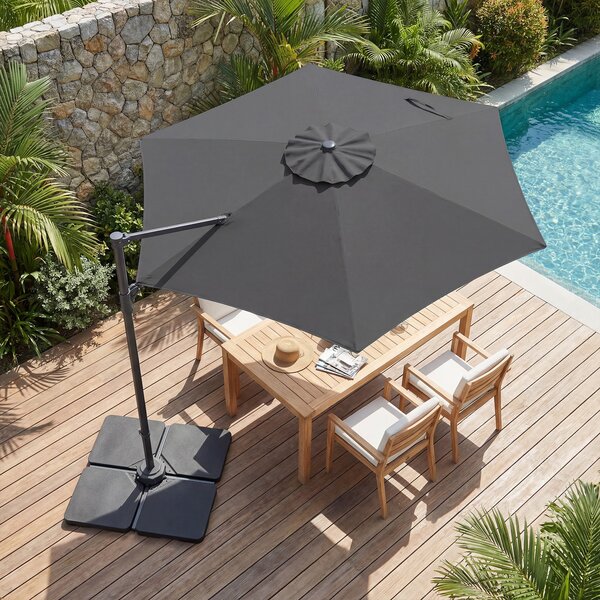 Costway Ombrellone da giardino 300 cm con manovella base a croce e sacco di sabbi, Ombrellone decentrato da esterno rotazione a 360° Grigio