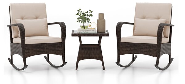 Costway Set da bistrot a dondolo 3 pezzi con 2 sedie a dondolo e tavolino in vetro temperato, Mobili da patio in rattan con cuscini morbidi