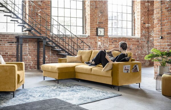 Divano letto angolare in velluto giallo senape, angolo sinistro Lofty Lilly - Miuform