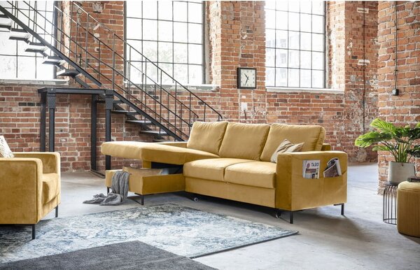 Divano letto angolare in velluto giallo senape, angolo sinistro Lofty Lilly - Miuform