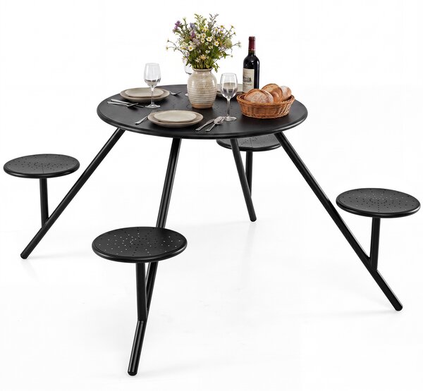 Costway Set tavolo da picnic con 4 sedie in metallo zincato, Tavolo da giardino con foro per ombrellone piano e sedute rotonde