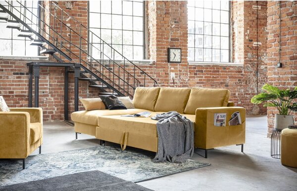 Divano letto angolare in velluto giallo senape, angolo sinistro Lofty Lilly - Miuform