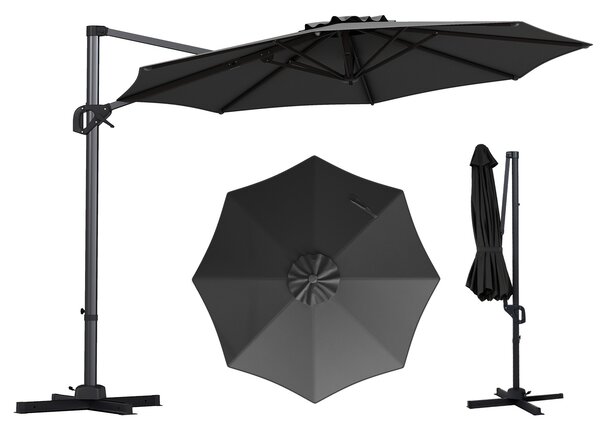 Costway Ombrellone da giardino 300 cm con 15 stecche base tetto ventilato manovella e pedale, Ombrellone girevole e inclinabile Grigio