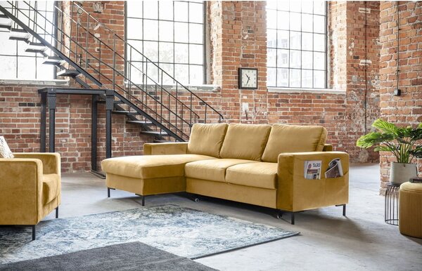 Divano letto angolare in velluto giallo senape, angolo sinistro Lofty Lilly - Miuform