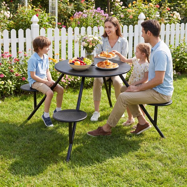 Costway Set tavolo da picnic con 4 sedie in metallo zincato, Tavolo da giardino con foro per ombrellone piano e sedute rotonde