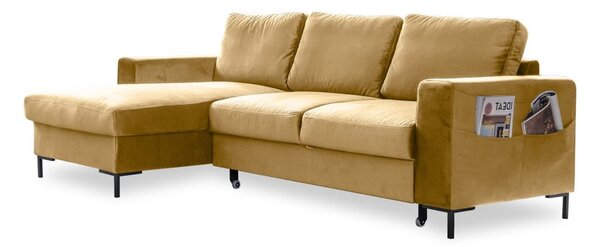 Divano letto angolare in velluto giallo senape, angolo sinistro Lofty Lilly - Miuform