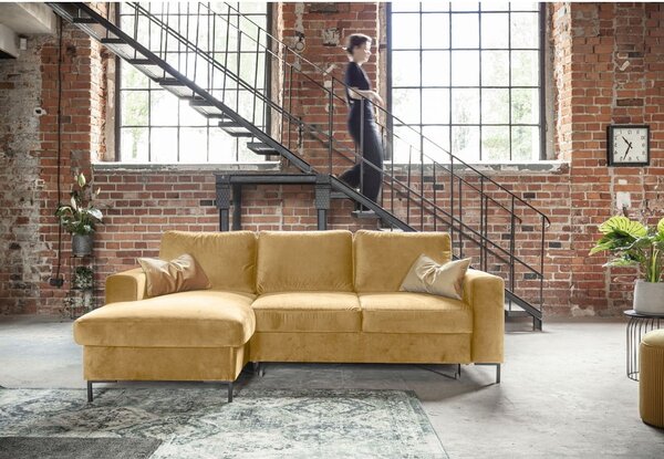 Divano letto angolare in velluto giallo senape, angolo sinistro Lofty Lilly - Miuform