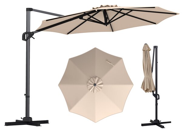 Costway Ombrellone da giardino 300 cm con 15 stecche base tetto ventilato manovella e pedale, Ombrellone girevole e inclinabile Beige