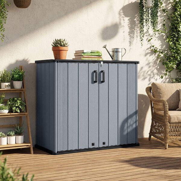 Costway Armadio impermeabile con porta con serratura e tetto scanalato di drenaggio, Mobile contenitore per attrezzi in plastica pp e hdpe Grigio