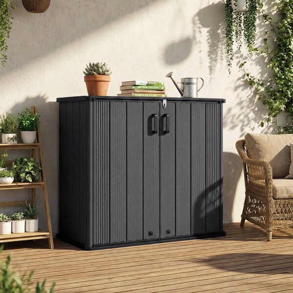 Costway Armadio impermeabile con porta con serratura e tetto scanalato di drenaggio, Mobile contenitore per attrezzi in plastica pp e hdpe Nero
