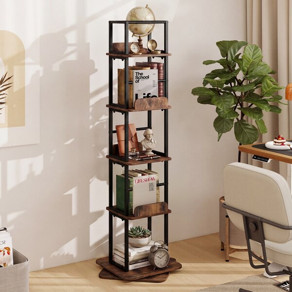 Costway Libreria girevole a 5 ripiani con rotazione a 360° e deflettori laterali, Scaffale portaoggetti in legno 40 x 40 x 148,5 cm Marrone