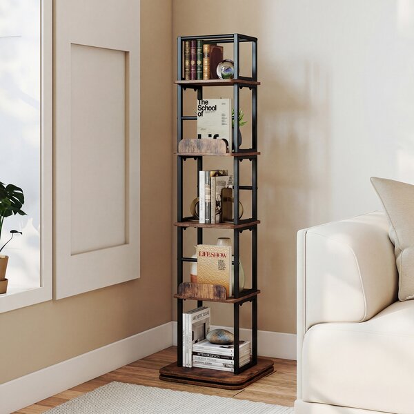 Costway Libreria girevole a 5 ripiani con rotazione a 360° e deflettori laterali, Scaffale portaoggetti in legno 40 x 40 x 148,5 cm Marrone