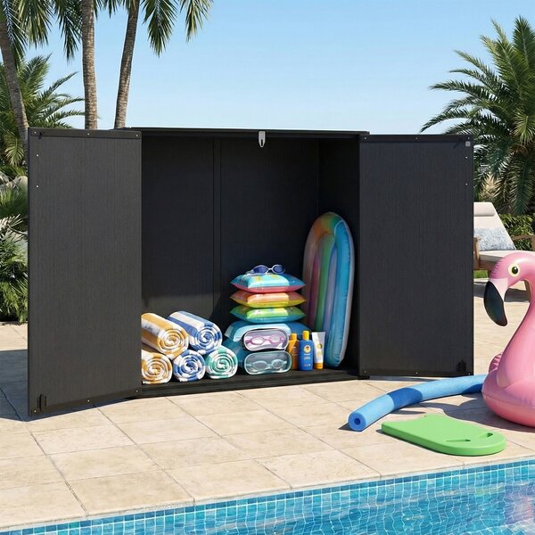 Costway Armadio impermeabile con porta con serratura e tetto scanalato di drenaggio, Mobile contenitore per attrezzi in plastica pp e hdpe Nero