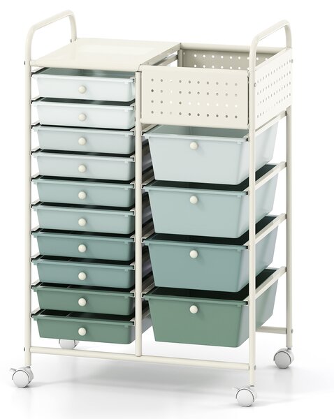 Costway Carrello portaoggetti con 14 cassetti rimovibili, Carrello con ruote ampio piano in metallo e pannelli forati salvaspazio Verde