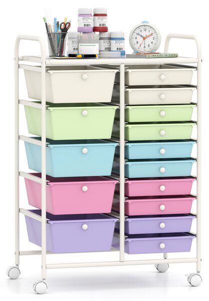 Costway Carrello con 15 cassetti estraibili e ruote con freno, Carrello multiuso per casa ufficio scuola Bianco e viola