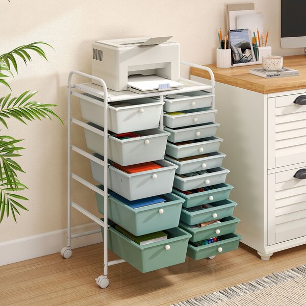 Costway Carrello con 15 cassetti estraibili e ruote con freno, Carrello multiuso per casa ufficio scuola Verde