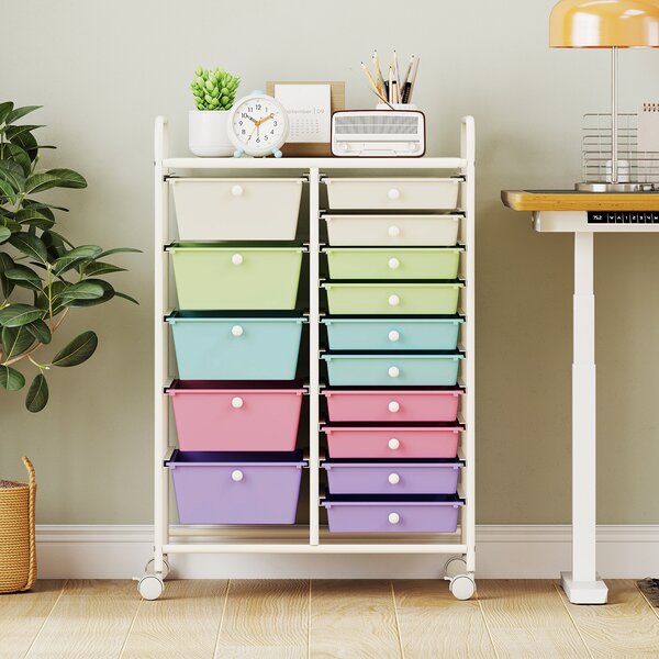 Costway Carrello con 15 cassetti estraibili e ruote con freno, Carrello multiuso per casa ufficio scuola Bianco e viola