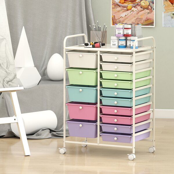 Costway Carrello con 15 cassetti estraibili e ruote con freno, Carrello multiuso per casa ufficio scuola Bianco e viola