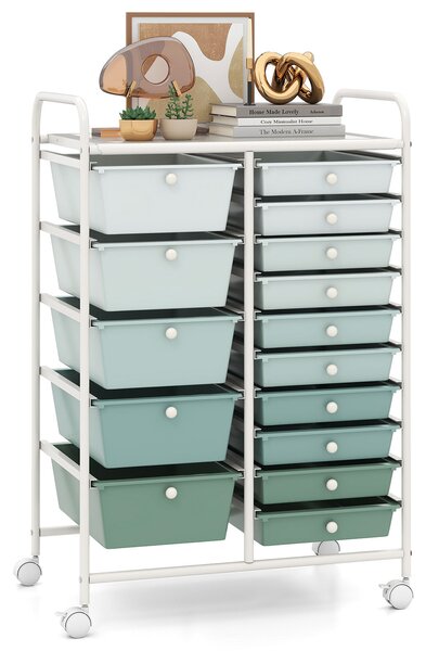 Costway Carrello con 15 cassetti estraibili e ruote con freno, Carrello multiuso per casa ufficio scuola Verde