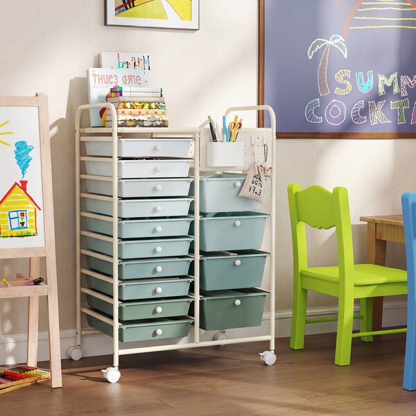 Costway Carrello portaoggetti con 14 cassetti rimovibili, Carrello con ruote ampio piano in metallo e pannelli forati salvaspazio Verde