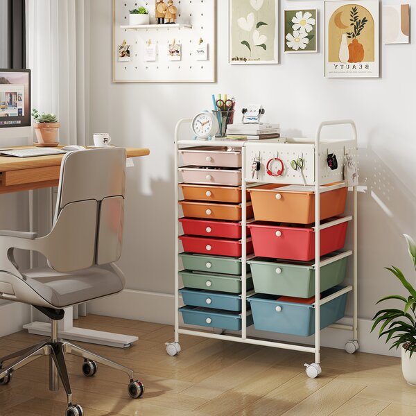 Costway Carrello portaoggetti con 14 cassetti rimovibili, Carrello con ruote ampio piano in metallo e pannelli forati salvaspazio Multicolore
