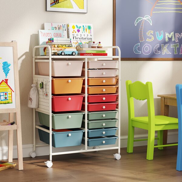 Costway Carrello portaoggetti con 15 cassetti rimovibili, Carrello con ruote ampio piano in metallo e pannelli forati salvaspazio Multicolore