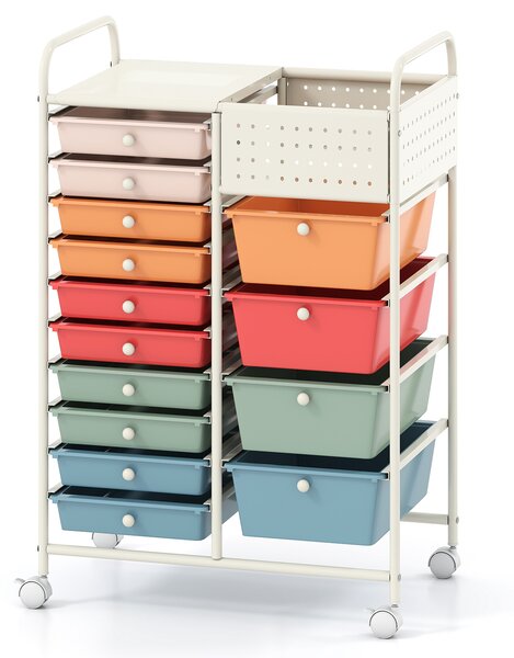 Costway Carrello portaoggetti con 14 cassetti rimovibili, Carrello con ruote ampio piano in metallo e pannelli forati salvaspazio Multicolore