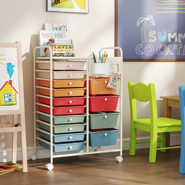 Costway Carrello portaoggetti con 14 cassetti rimovibili, Carrello con ruote ampio piano in metallo e pannelli forati salvaspazio Multicolore