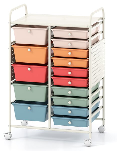 Costway Carrello portaoggetti con 15 cassetti rimovibili, Carrello con ruote ampio piano in metallo e pannelli forati salvaspazio Multicolore