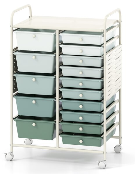 Costway Carrello portaoggetti con 15 cassetti rimovibili, Carrello con ruote ampio piano in metallo e pannelli forati salvaspazio Verde