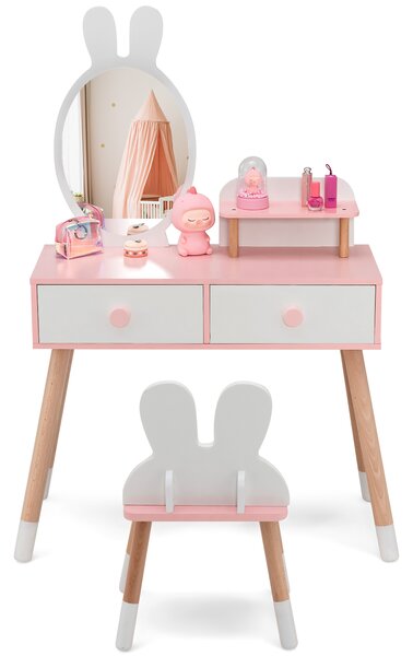 Costway Toeletta con specchio a forma di coniglio per bambini, Set tavolo e sedia toeletta con cassetti e sgabello Bianco