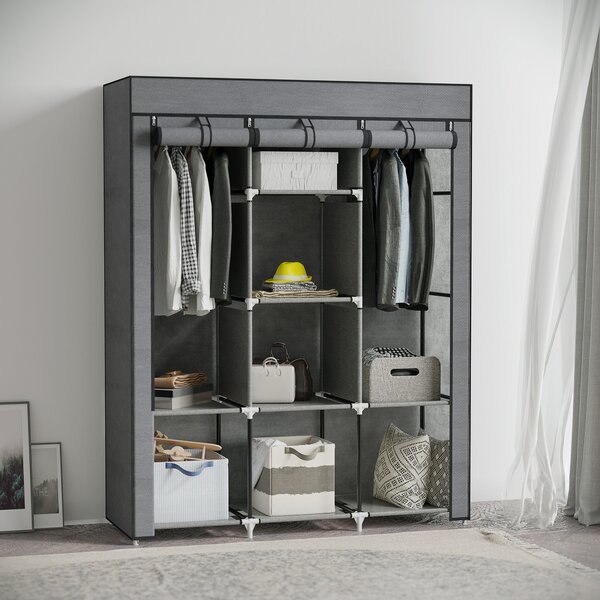 HOMCOM Guardaroba in Tessuto non Tessuto e Acciaio con 8 Ripiani e 2 Barre, 125x43x162.5 cm, Grigio Carbone